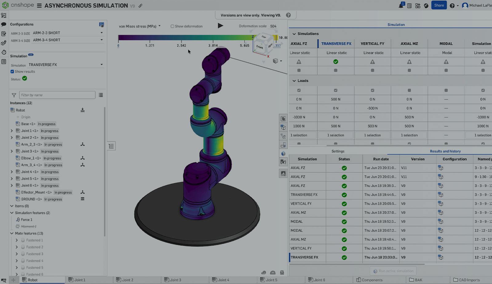 Onshape GUI with an overlay showing a 3D-modeled robotic arm and asynchronous simulations.