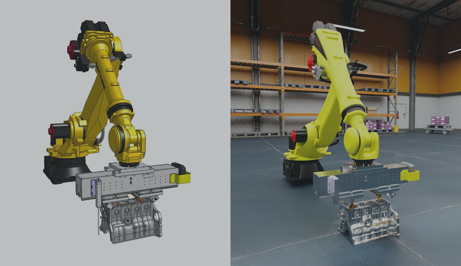 Image with an overlay showing a robot designed by FANUC in CAD and in a simulation environment.