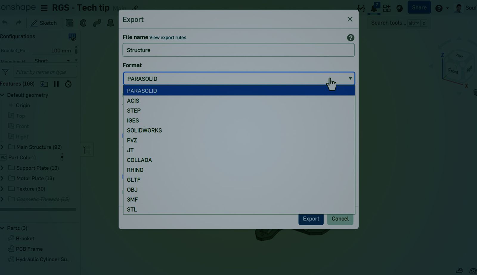 Onshape GUI with an overlay showing the Export dialog box.