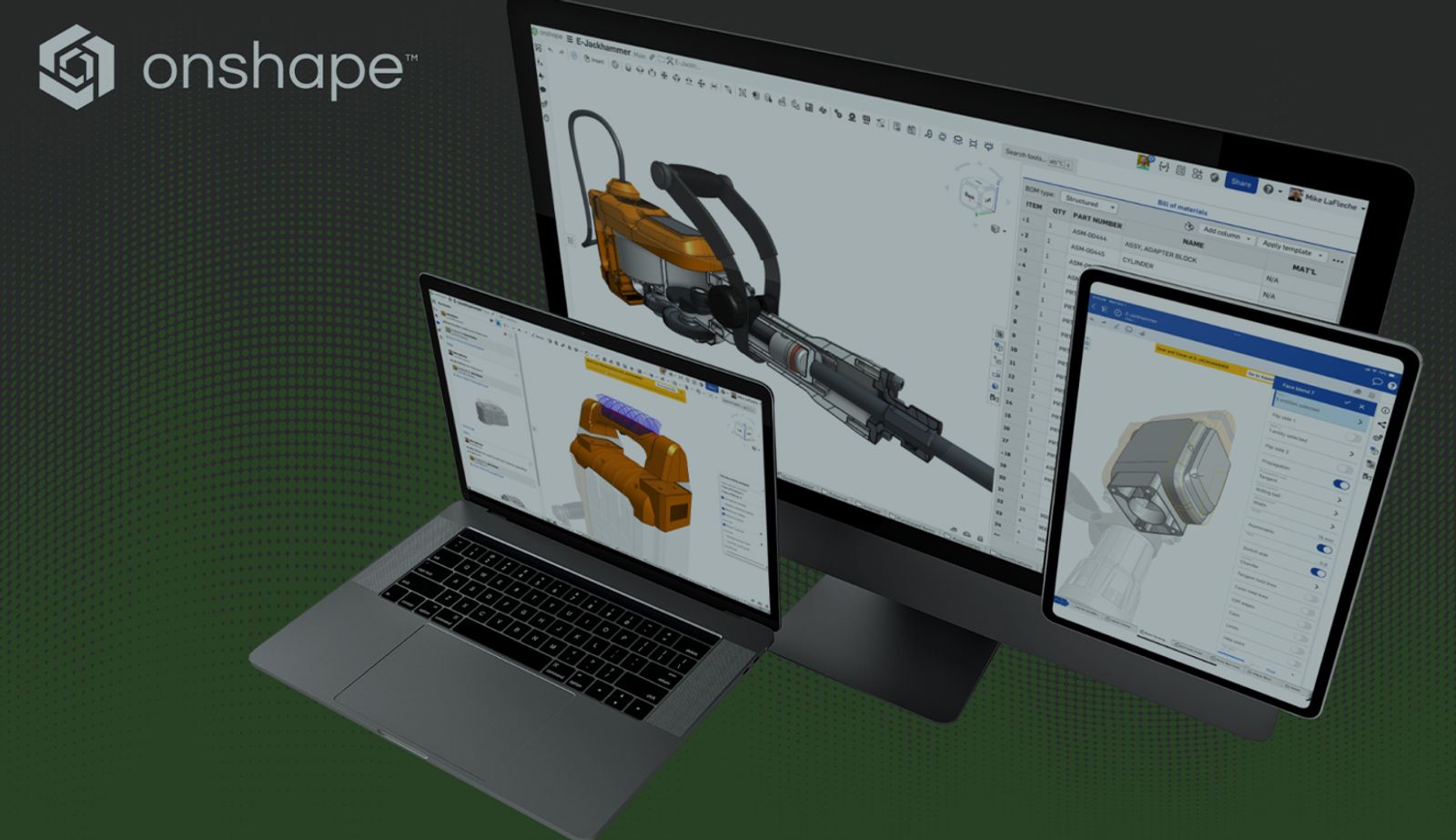Image with an overlay showing Onshape GUI on a laptop, large screen, and tablet.
