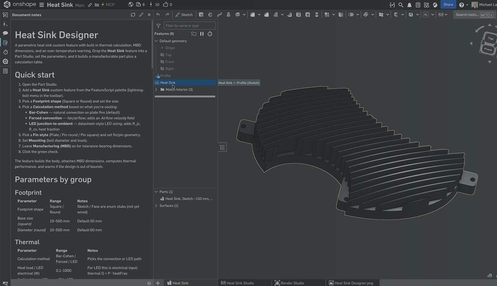 Onshape GUI with an overlay showing a 3D-modeled heat sink with the Document notes open and markdown information.