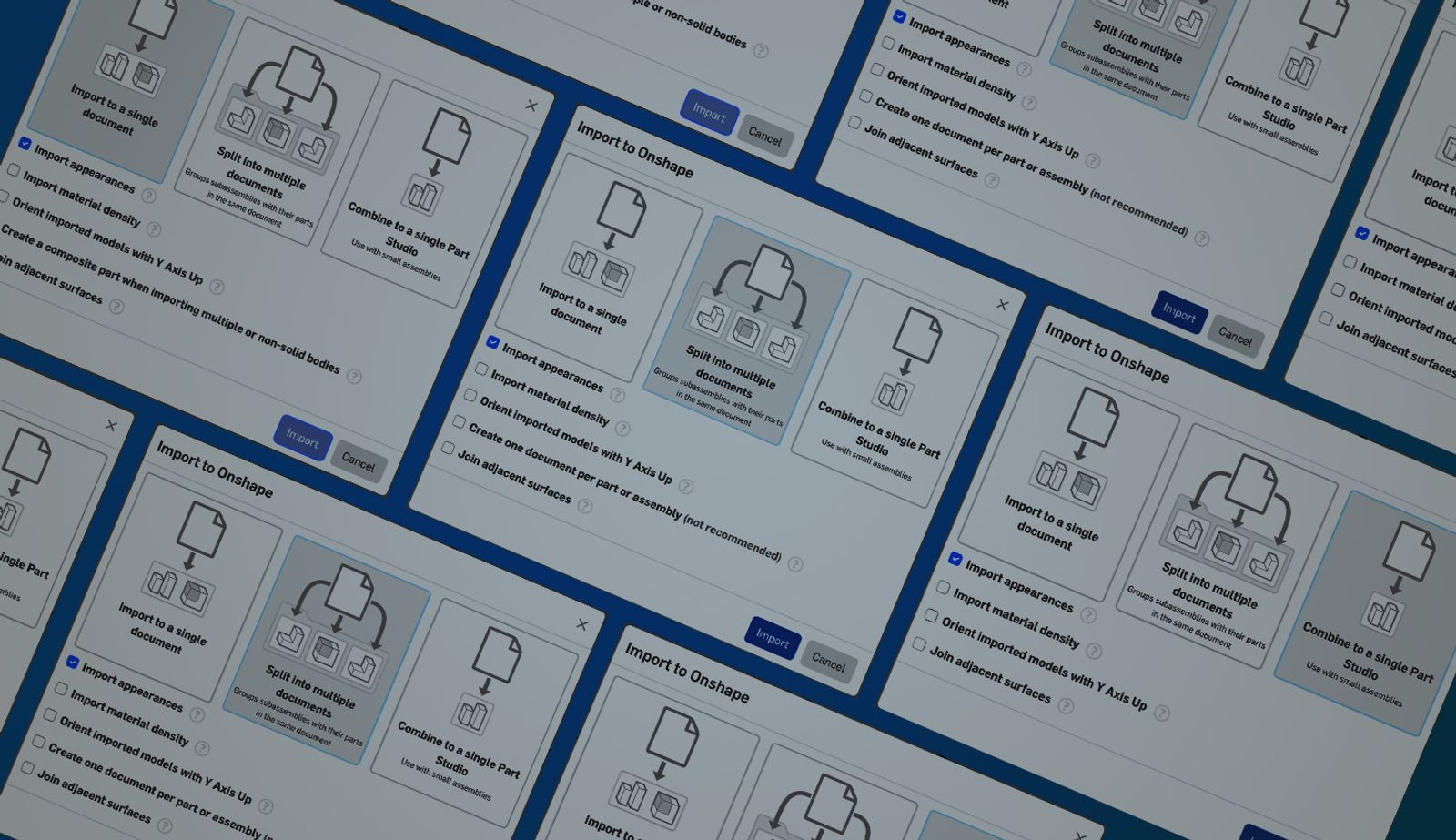 Collage with an overlay showing Onshape GUI of import options.