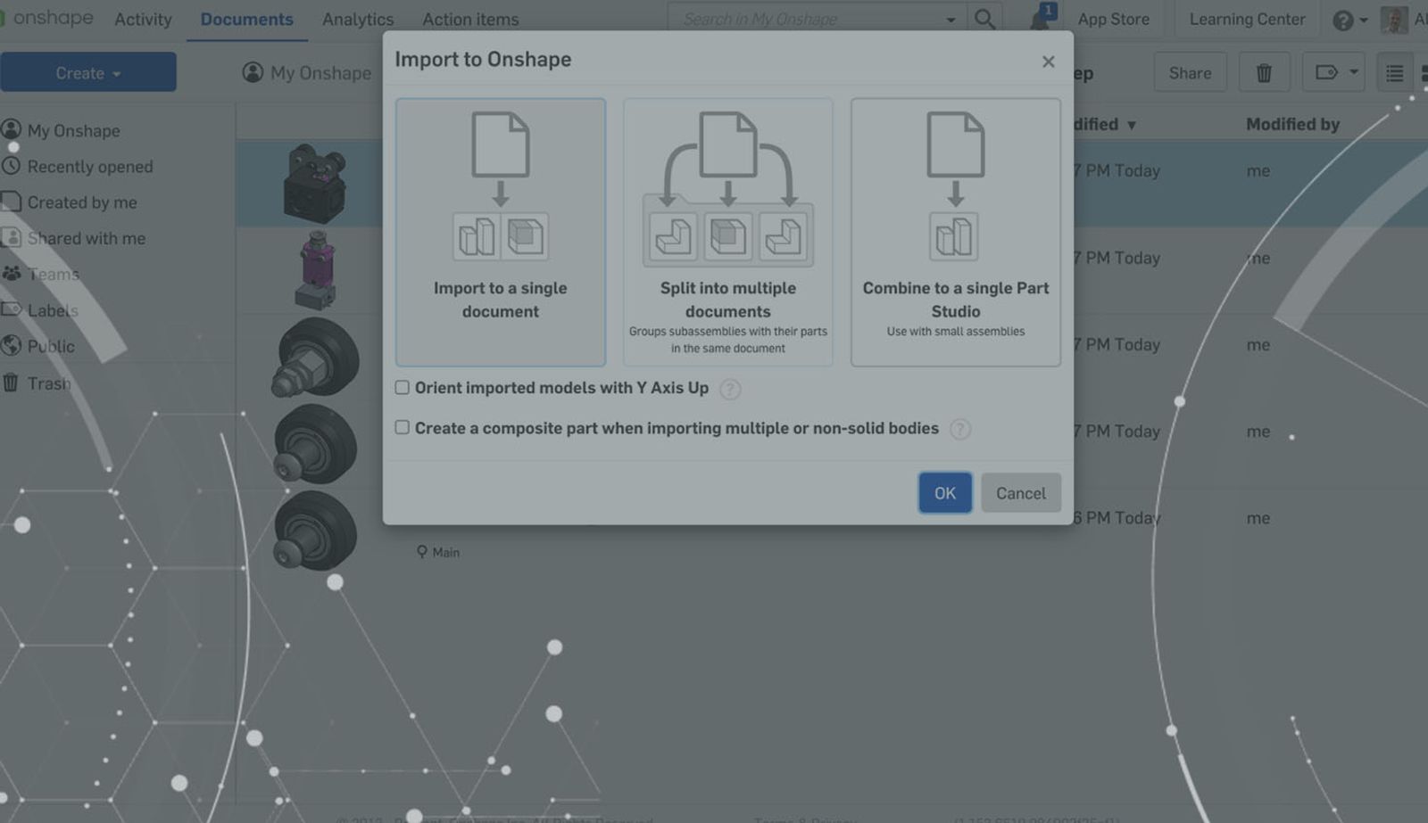 Onshape GUI showing Import to Onshape options