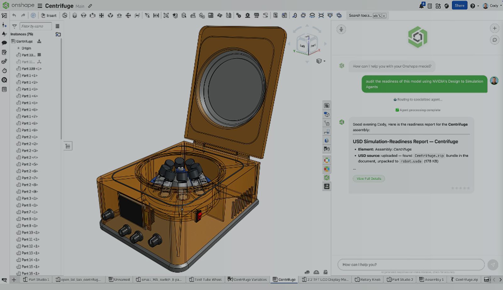 Onshape GUI with an overlay showing a proof-of-concept agent-to-agent communication with NVIDIA toolsets.