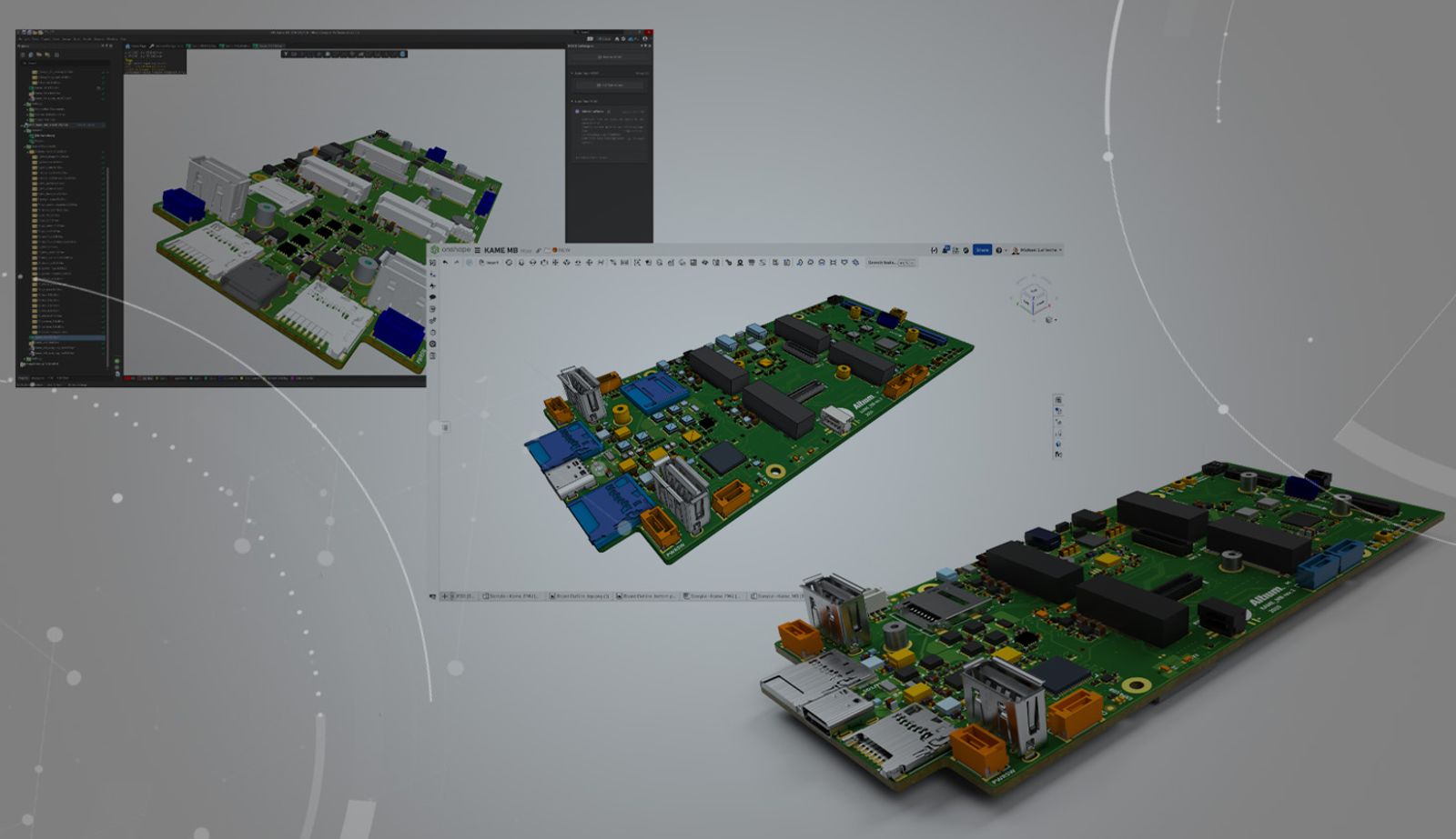 Image showing Altium and Onshape GUI with a PCB model.