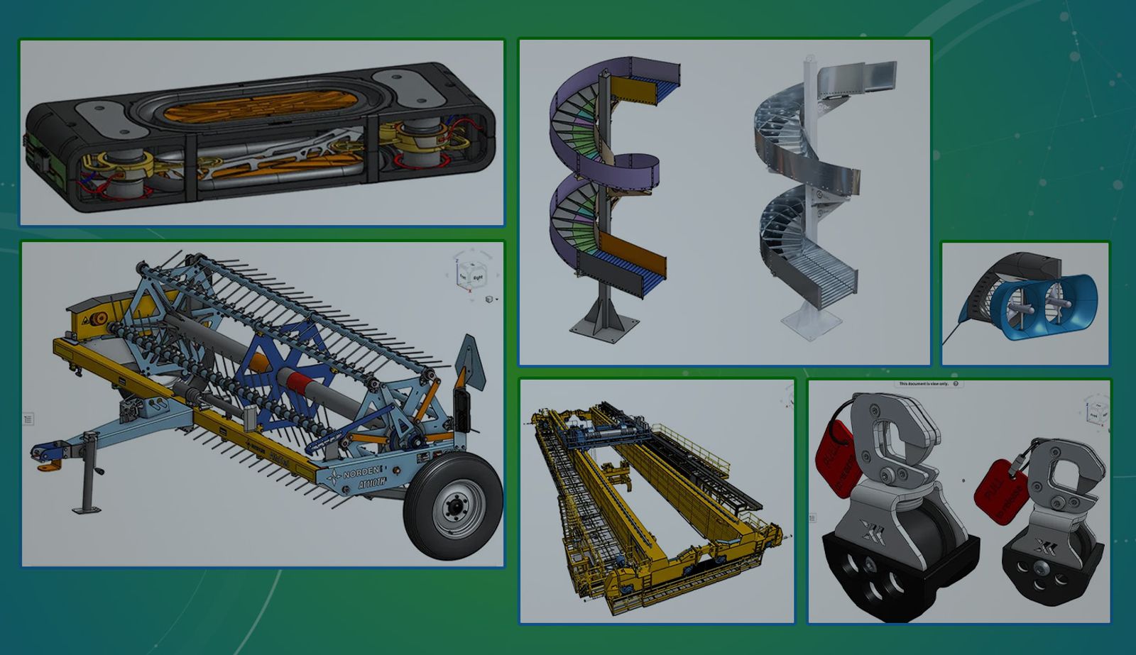 Collage darkened with an overlay showing real-life CAD models built by engineering teams using online CAD.
