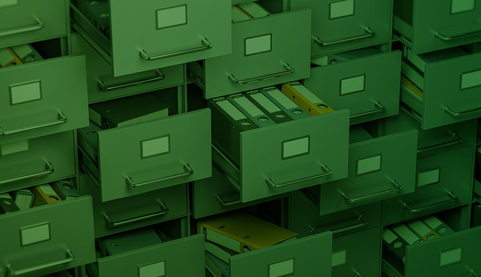 Stock image with an overlay of green file cabinets full of information.