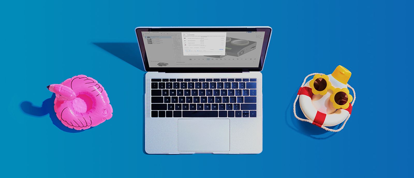 Stock image invoking summer vacation with a laptop showing an Onshape document.