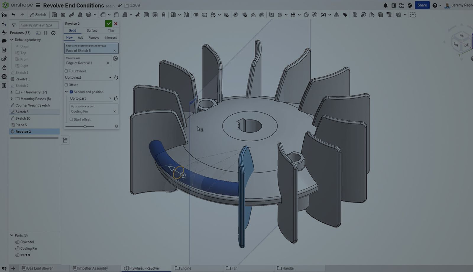 Onshape GUI with an overlay showing a CAD model and a Revolve feature option.
