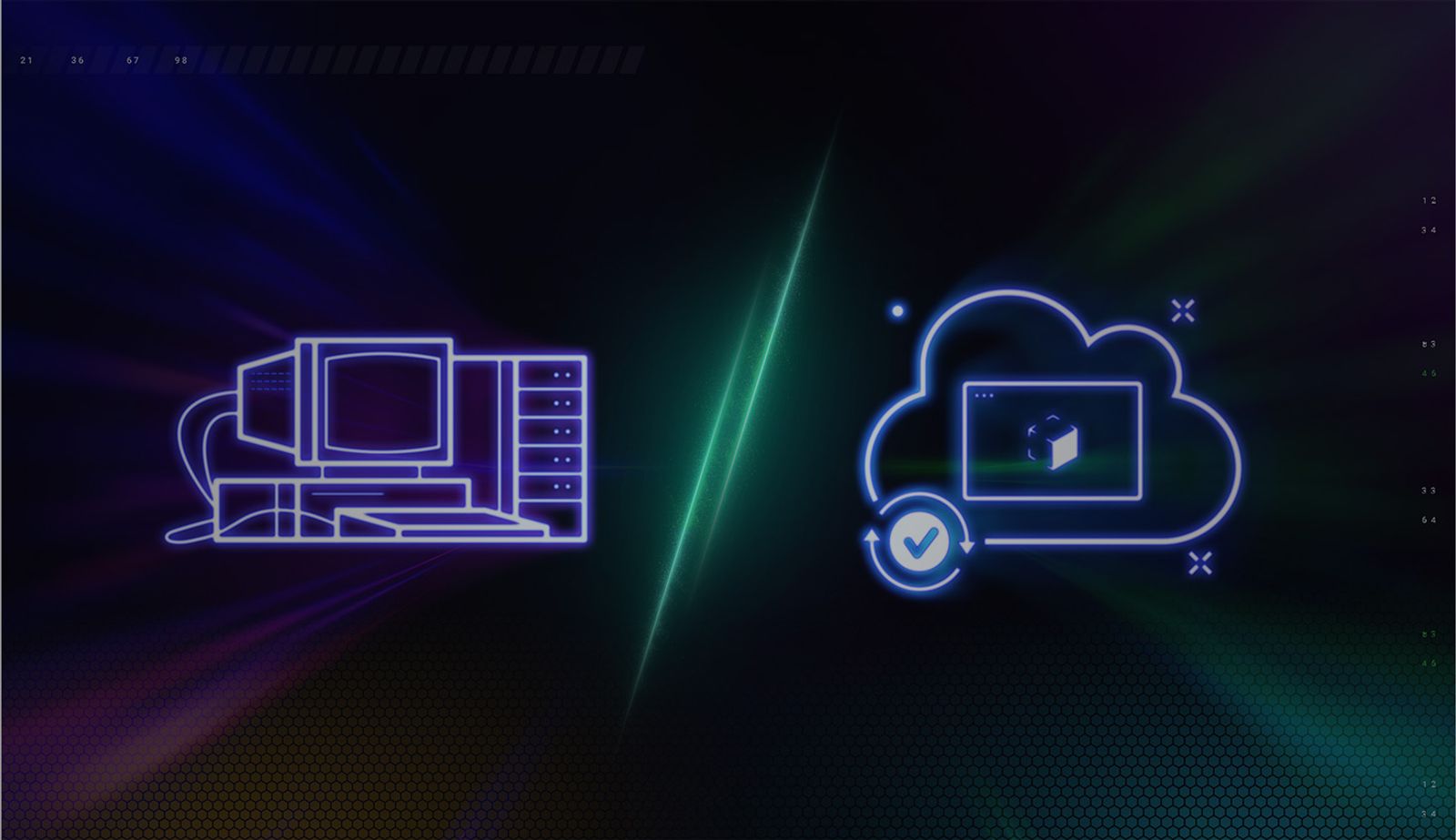 Illustration showing a clunky computer and a cloud service.