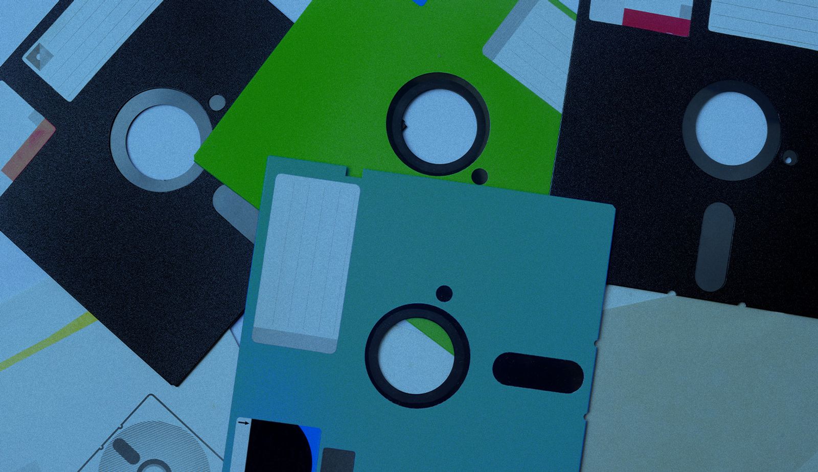 Stock image of floppy disks with a blue overlay.