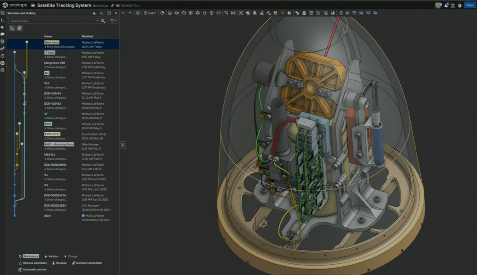 Onshape GUI with an overlay showing a satelitte tracking system.